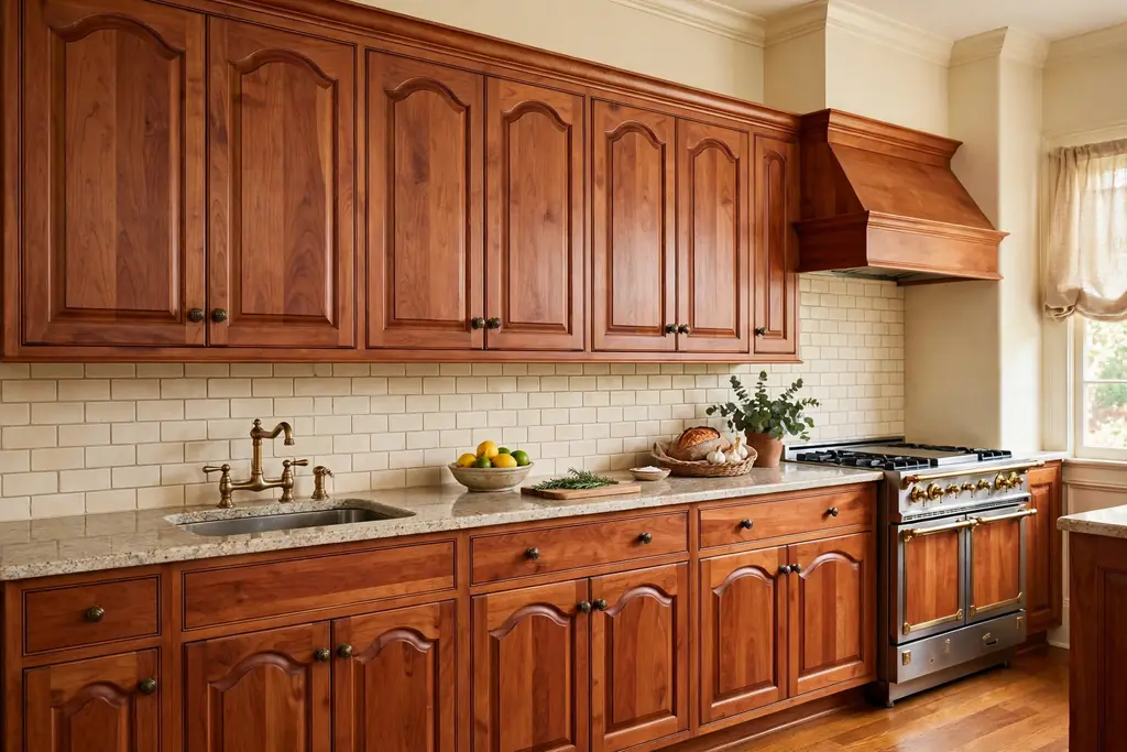 Traditional kitchen with raised panel cabinets in warm cherry wood with cream walls and a stone counter