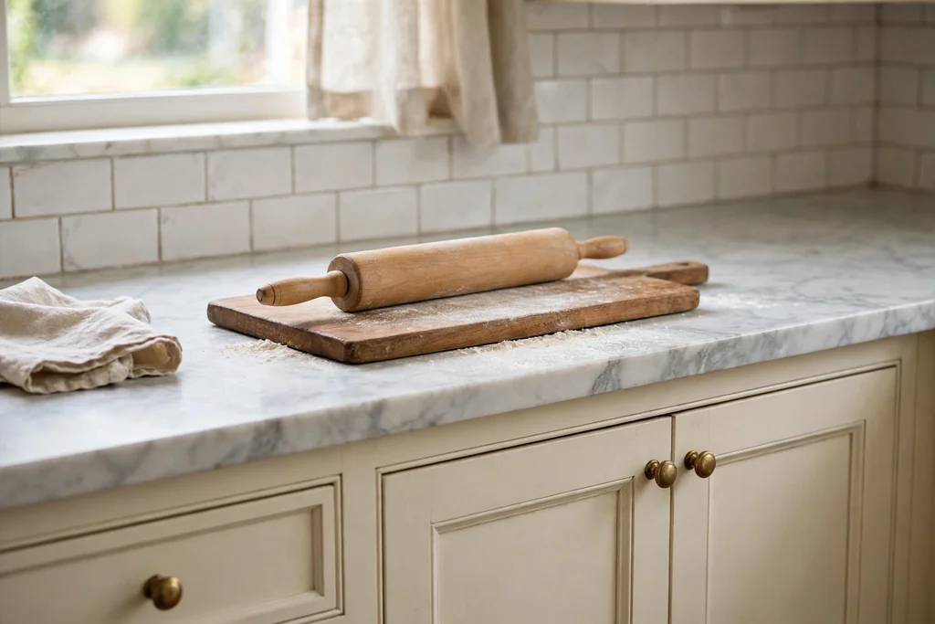 White marble kitchen counter with soft gray veining a rolling pin and pastry board on top