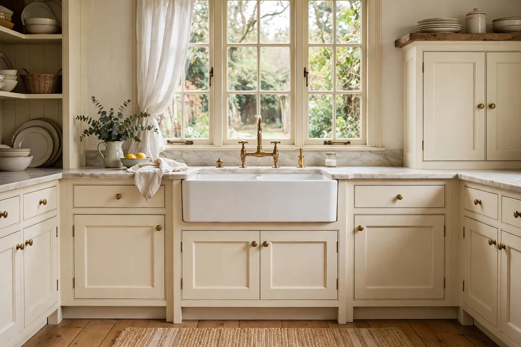 White farmhouse apron front sink set forward of cream cabinets with a brass bridge faucet and a window above