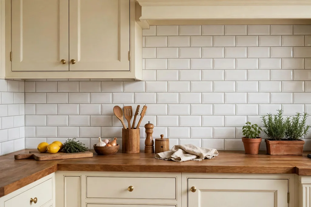 White subway tile backsplash in a running bond pattern above a traditional kitchen counter
