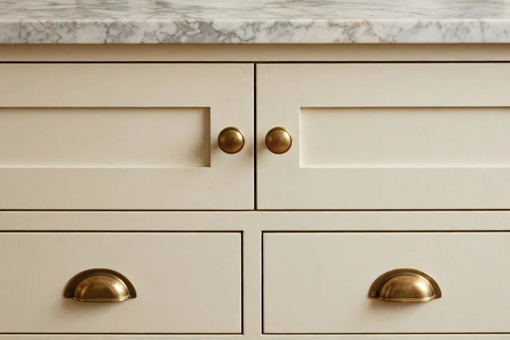Close view of brass cup pulls and round brass knobs on cream traditional kitchen cabinets