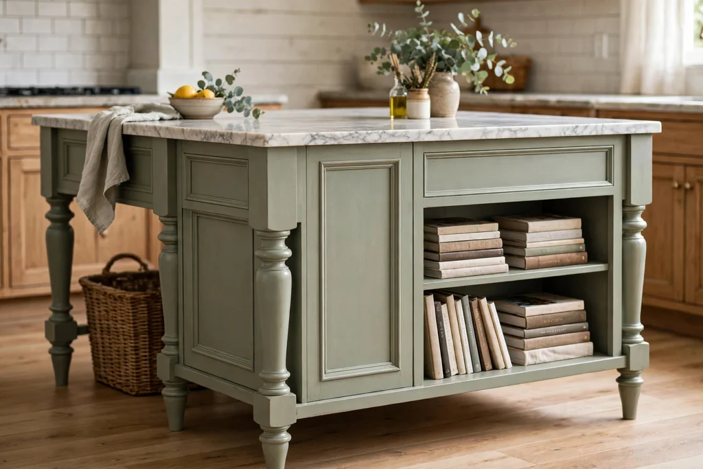 Sage painted furniture style kitchen island with turned legs paneled sides and an open shelf end with cookbooks