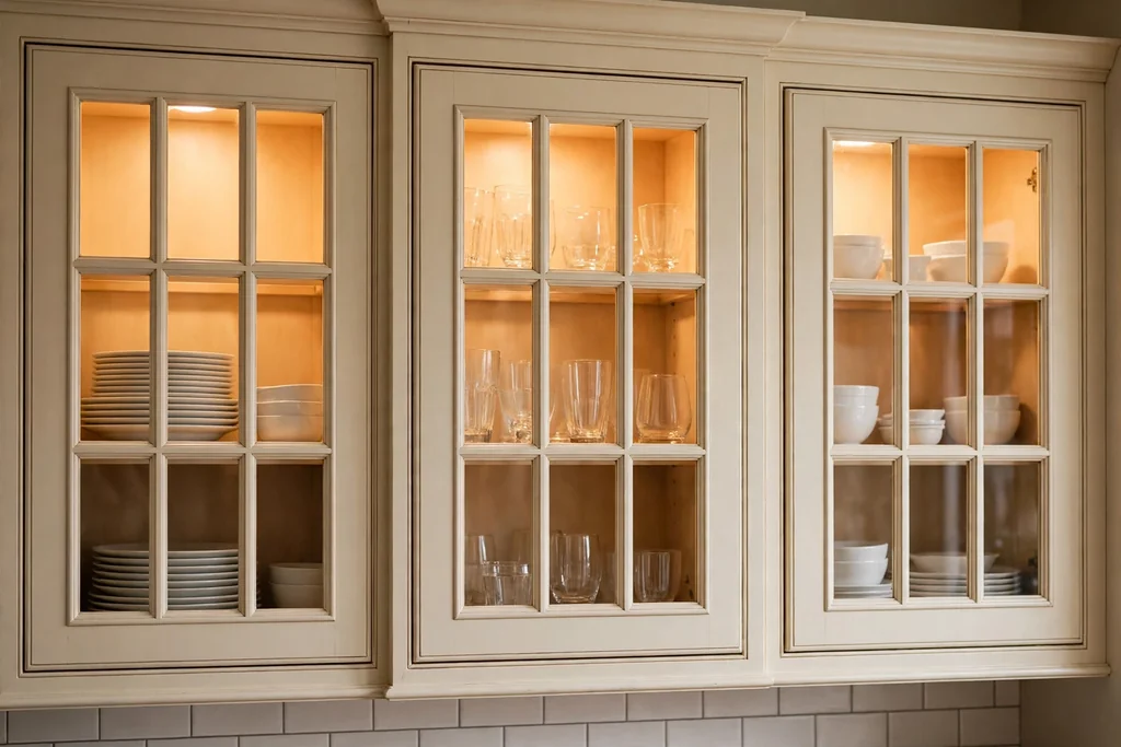 Mullioned glass front upper cabinets showing white dishes and clear glasses in a traditional kitchen