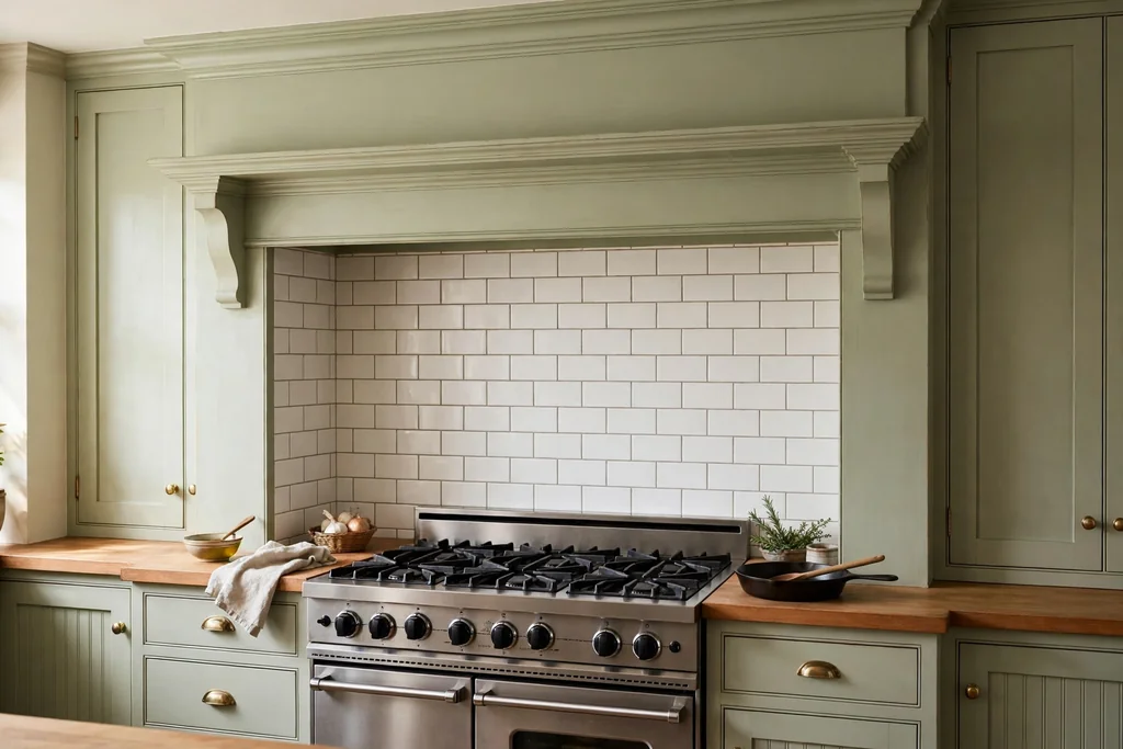 Painted wood mantel range hood with a cornice top over a range and white subway tile