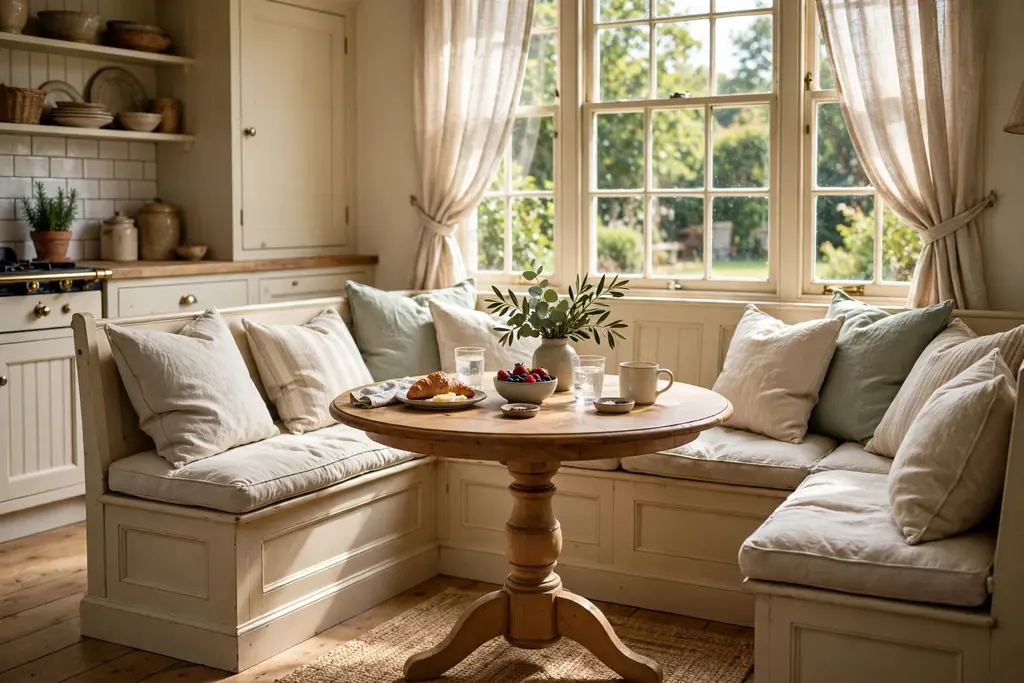 Sunny breakfast nook with L shaped bench seating loose cushions and a round pedestal table by a window