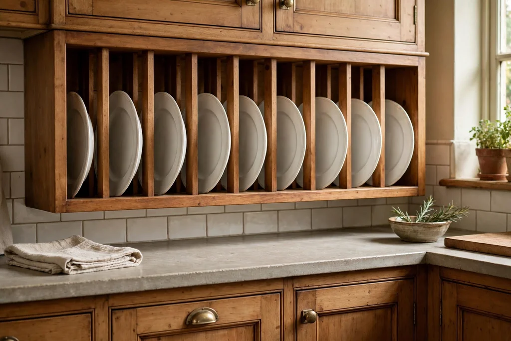 Built in plate rack above a kitchen counter with white dinner plates standing upright in vertical dividers