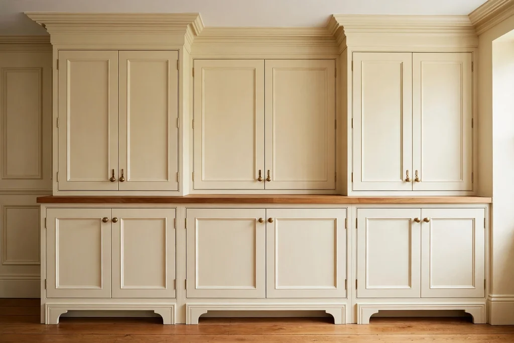 Traditional kitchen wall cabinets finished with crown molding at the ceiling and a furniture style toe kick
