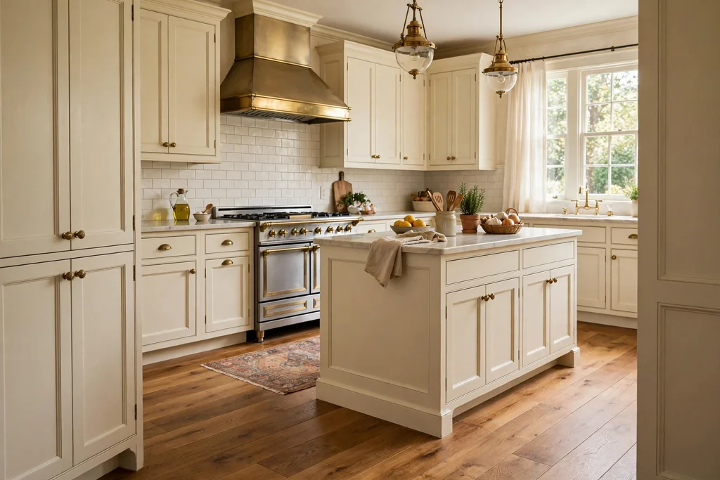 Traditional kitchen with wide plank warm oak wood flooring in a matte finish