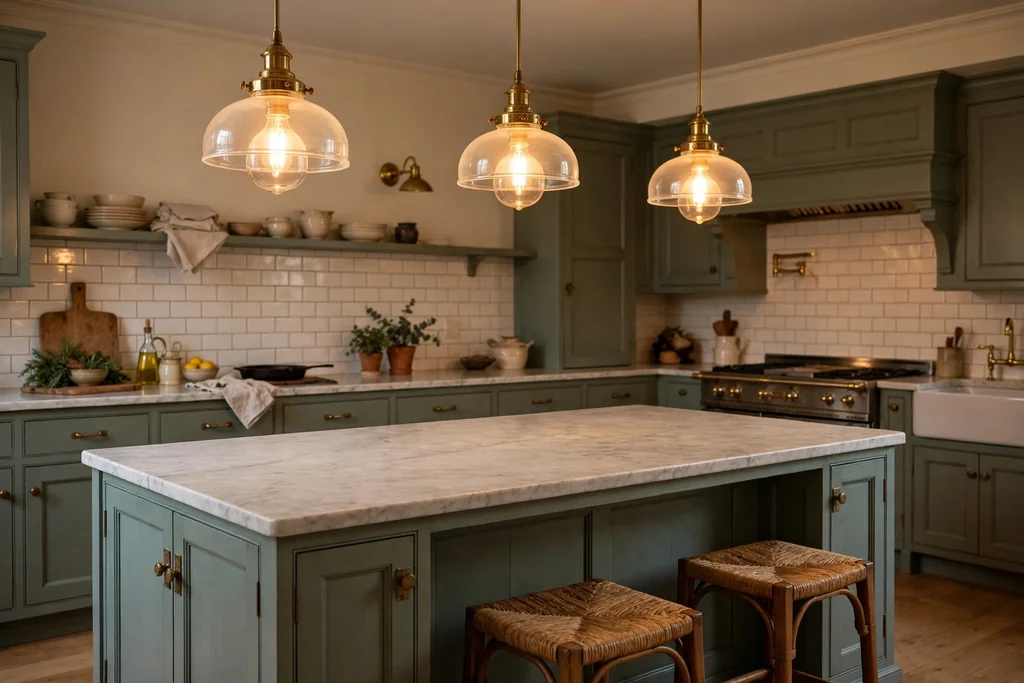 Three classic schoolhouse glass pendant lights with brass fittings hanging over a traditional kitchen island