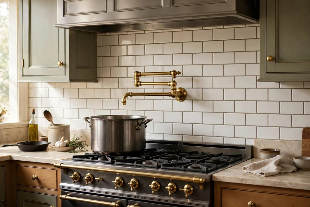 Brass wall mounted pot filler faucet above a large pot on a traditional kitchen range