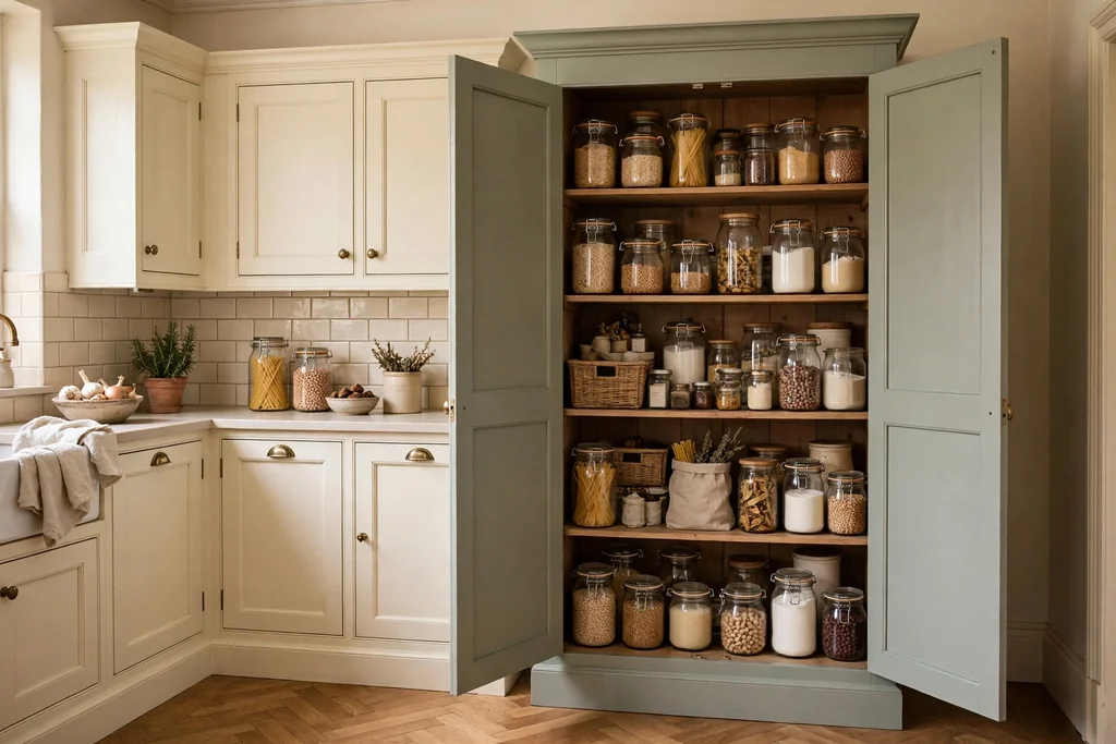 Tall freestanding painted larder pantry cabinet beside cream kitchen cabinets with jars inside