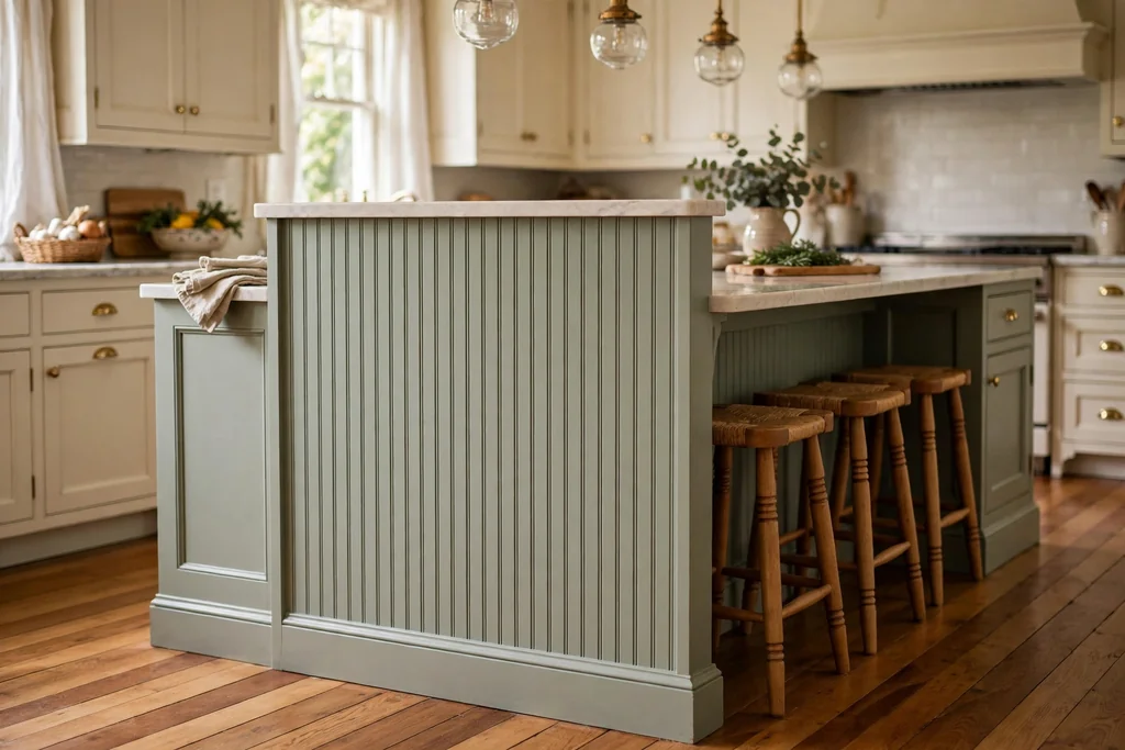 Traditional kitchen island back paneled with painted beadboard and stools at the counter
