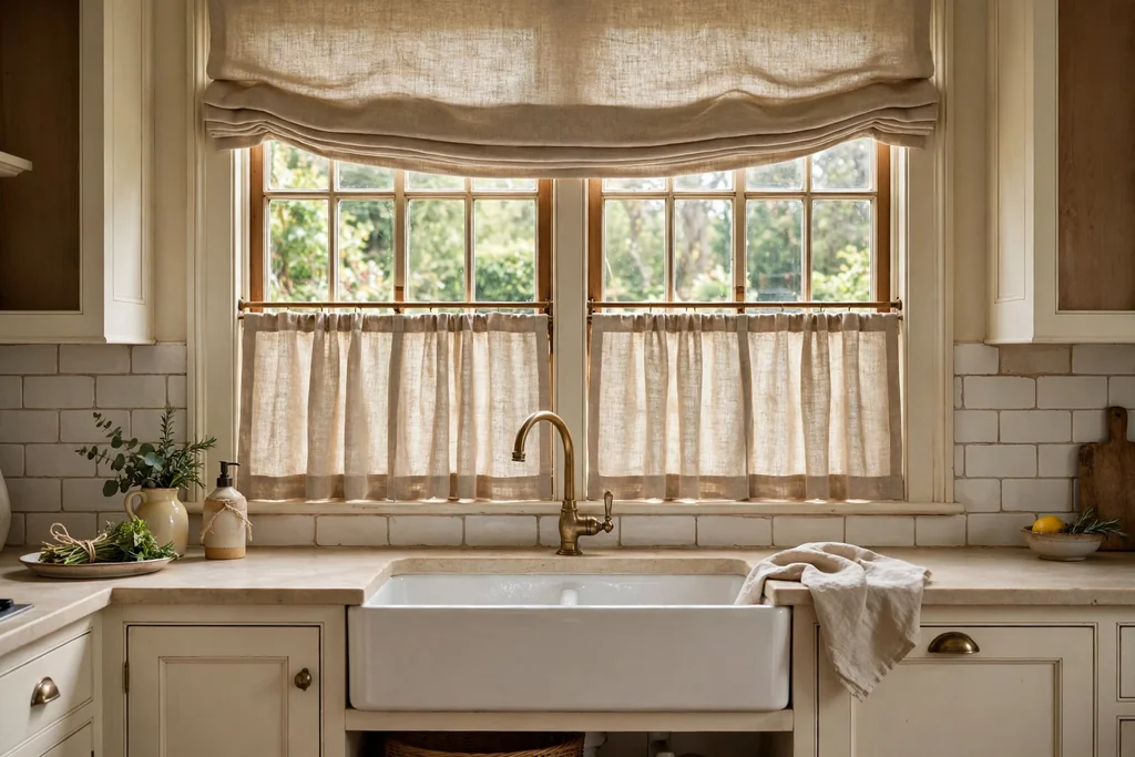 Kitchen window over a sink dressed with natural linen cafe curtains and a relaxed roman shade above