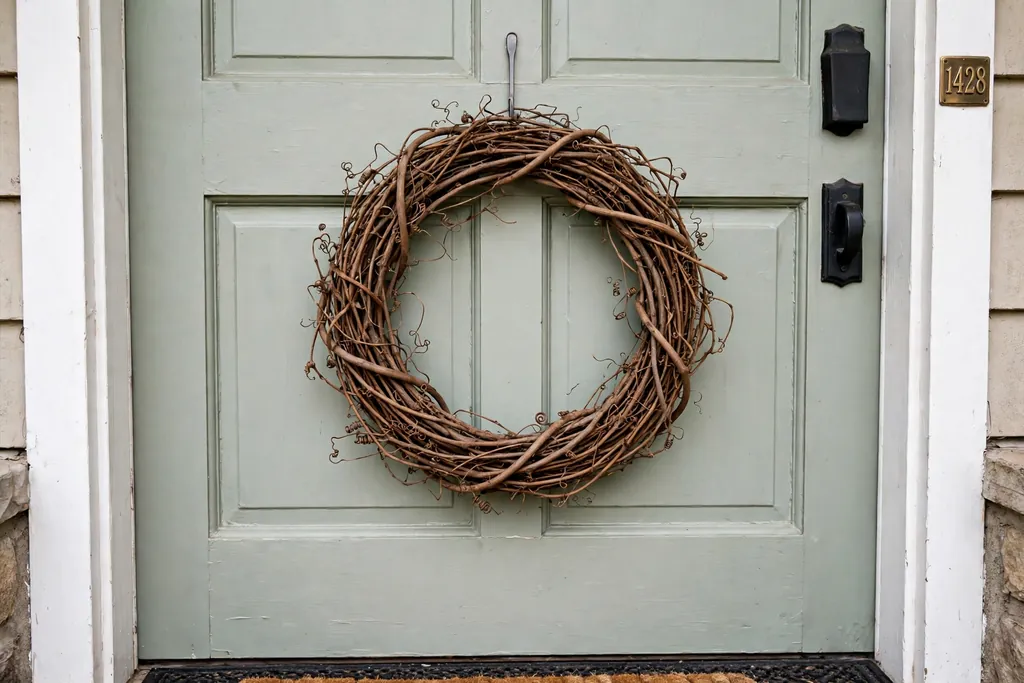 Bare grapevine twig wreath on a painted front door