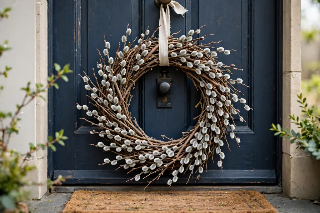 Twig wreath with pussy willow buds on a front door