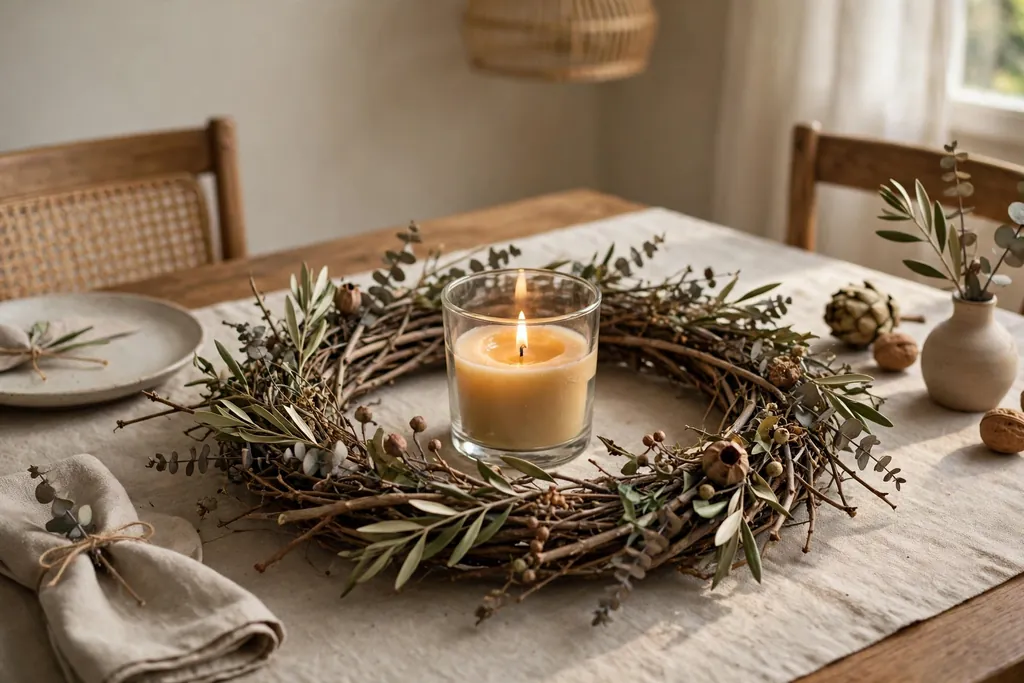 Flat twig wreath centerpiece with a candle on a dining table