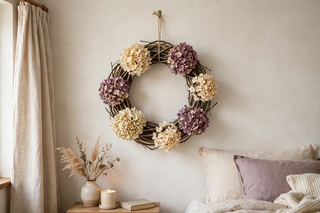 Twig wreath with dried hydrangea heads on a bedroom wall