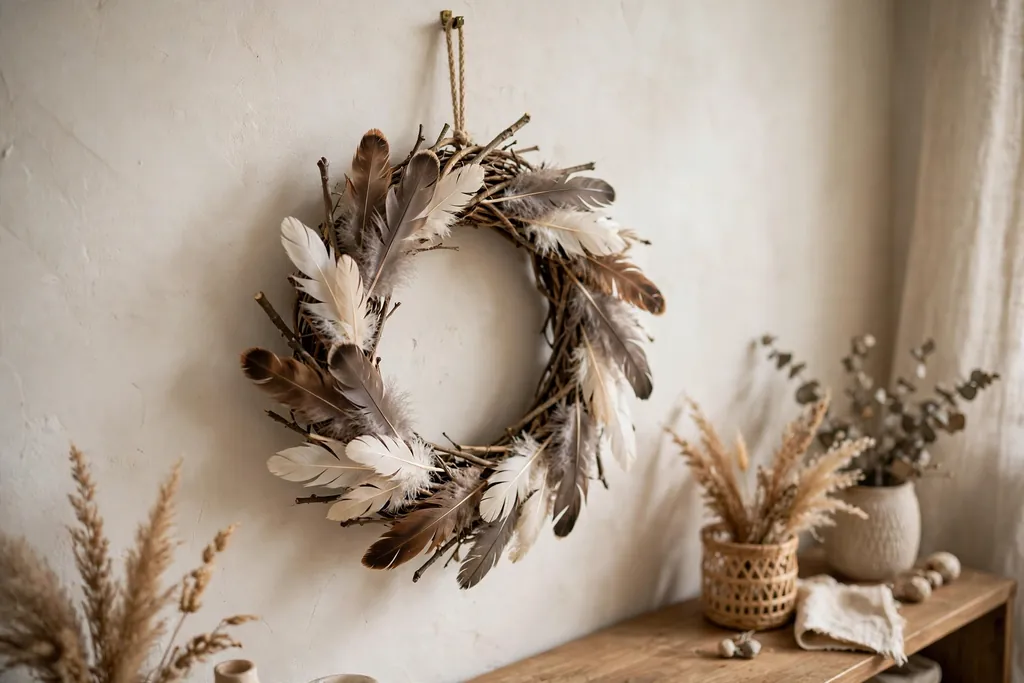 Twig wreath with natural tone feathers on an indoor wall