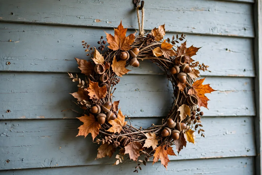 Twig wreath with dried autumn leaves and acorns on a porch wall