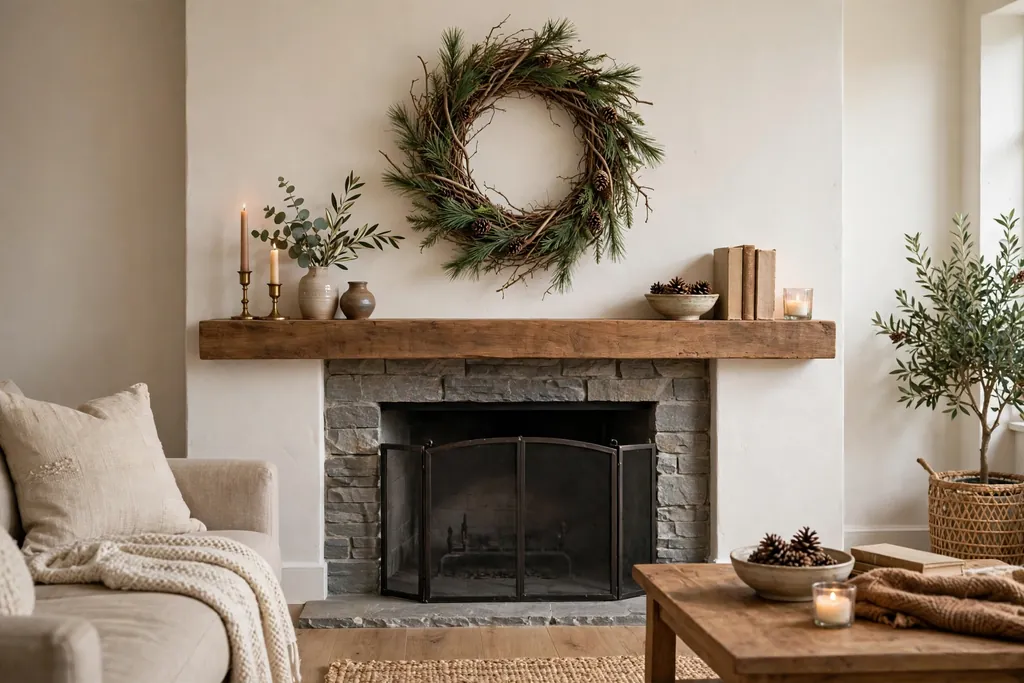 Twig wreath with pine sprigs above a fireplace mantel
