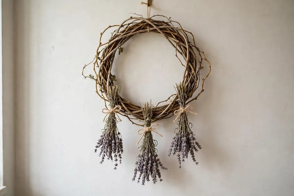 Willow twig wreath with dried lavender on a light wall