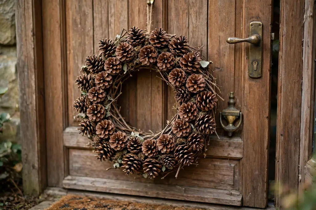 Twig wreath with natural brown pinecones on a wood door