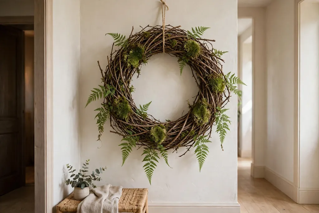 Twig wreath with green moss and small ferns on a wall
