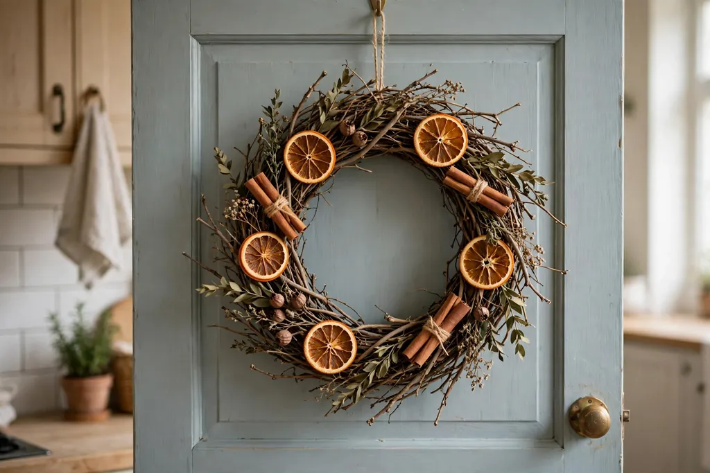 Twig wreath with dried orange slices and cinnamon sticks