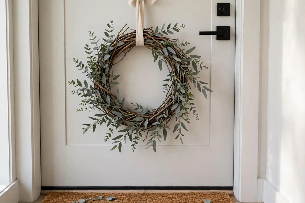 Twig wreath with eucalyptus sprigs on a light door