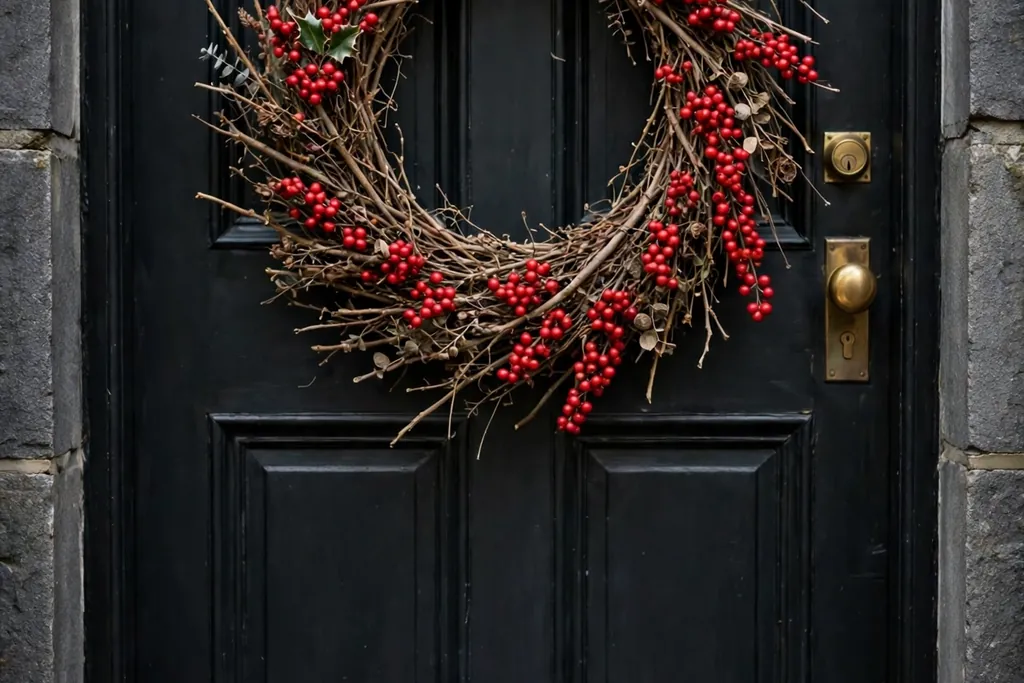 Twig wreath with red berry clusters on a dark door