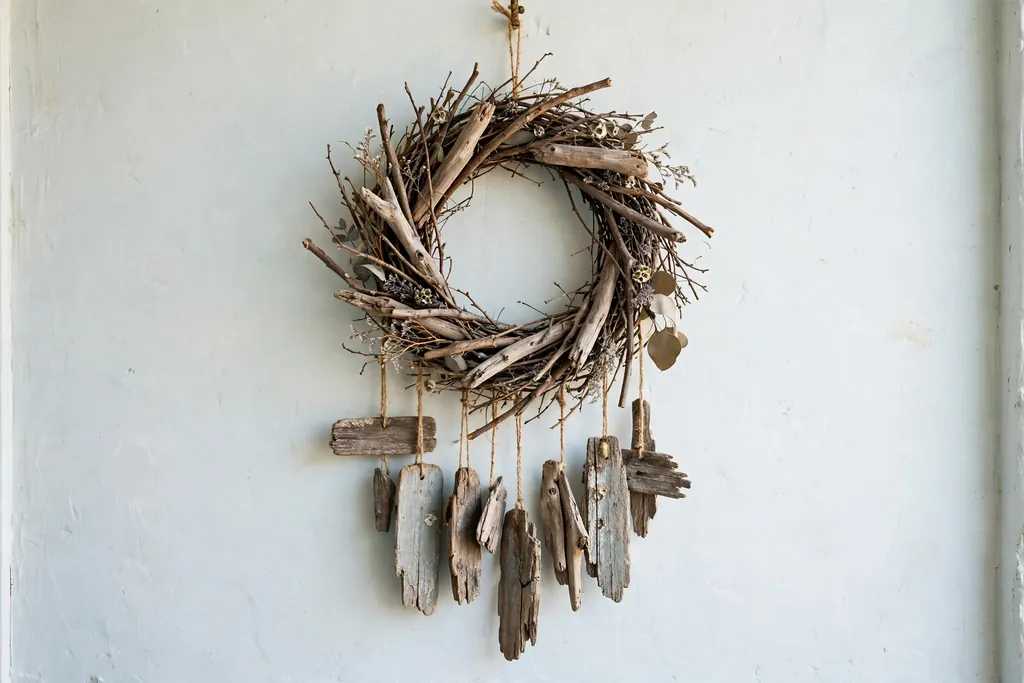 Twig and driftwood wreath on a pale coastal wall