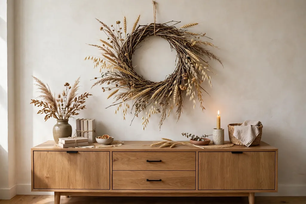 Twig wreath with dried wheat and grasses above a sideboard