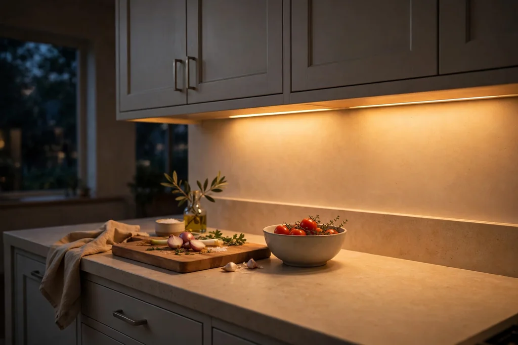 Beige kitchen counter lit by warm under cabinet lighting.
