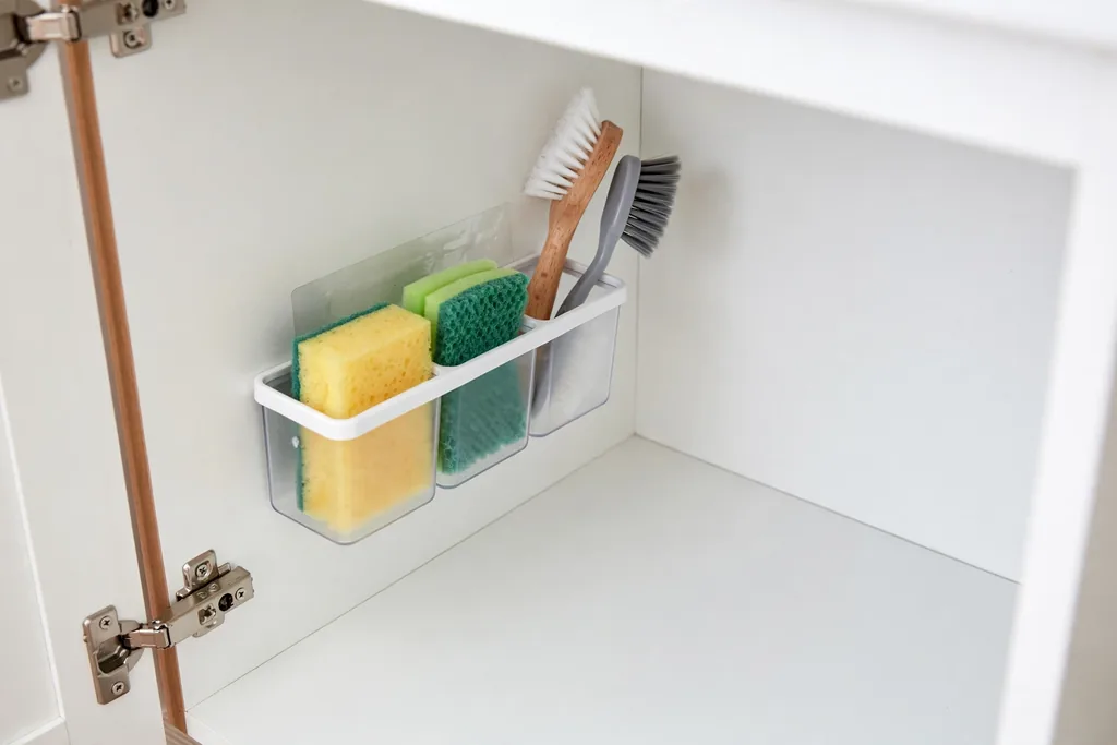 Adhesive caddy on a bathroom cabinet wall holding sponges and brushes.
