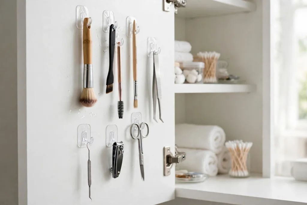 Adhesive hooks on a bathroom cabinet side wall holding brushes and tools.