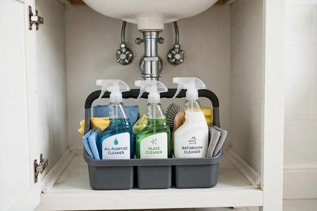 Portable cleaning caddy with a handle holding sprays and cloths under a sink.