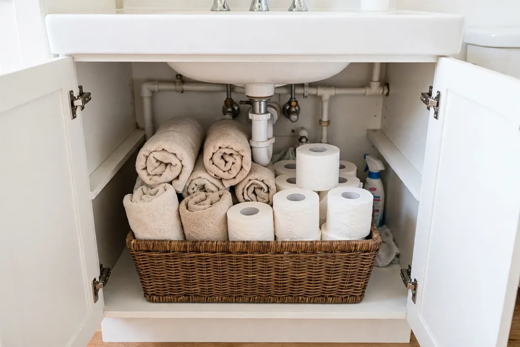 Deep basket under a bathroom sink holding rolled towels and spare rolls.