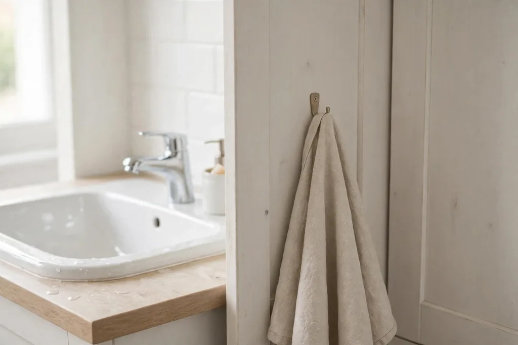 Small hook on a bathroom cabinet door holding a hand towel.