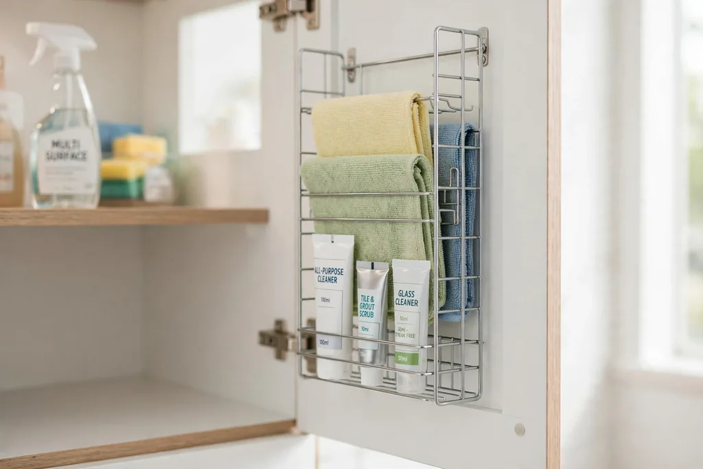 Slim rack on the inside of a bathroom cabinet door holding cloths and tubes.