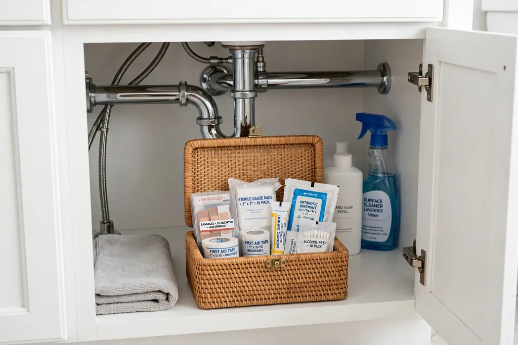 Lidded caddy under a bathroom sink holding first aid supplies.