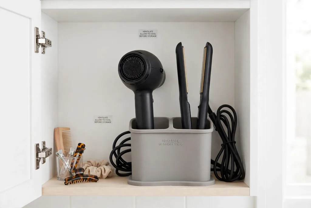 Heat safe holder inside a bathroom cabinet holding a hair dryer and straightener.
