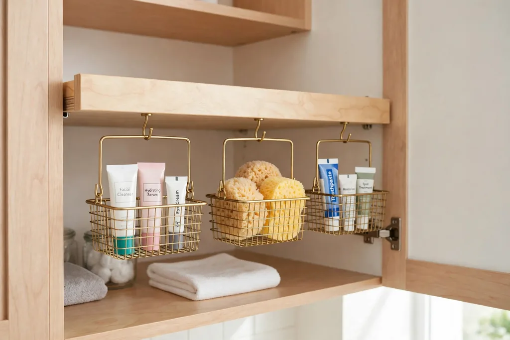 Small baskets hanging under a shelf inside a bathroom cabinet.