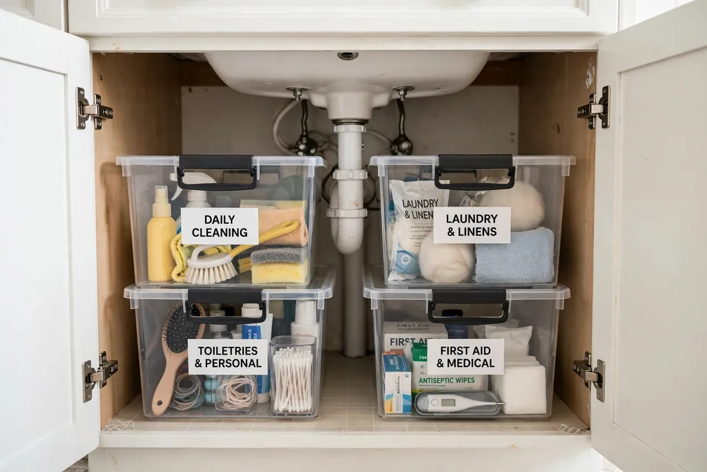 Labelled clear bins under a bathroom sink sorted by task.