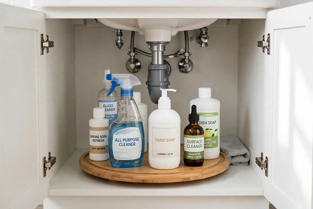 Turntable in a bathroom cabinet holding bottles that spin to the front.