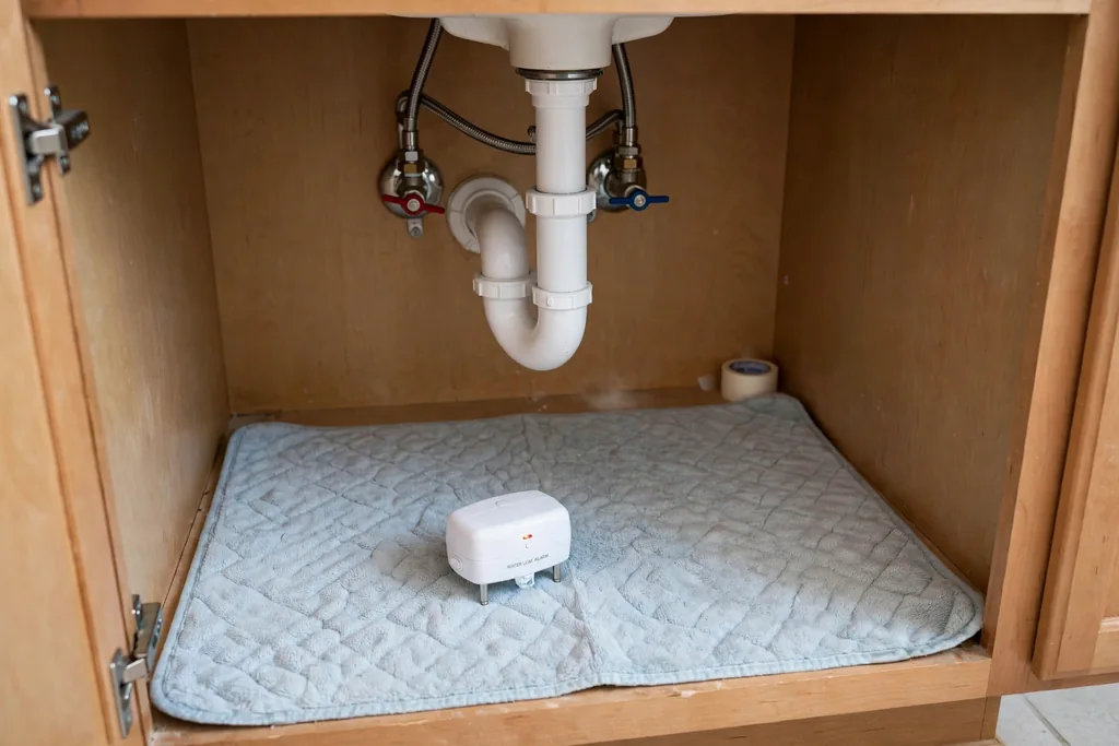 Small water alarm and absorbent mat on a bathroom cabinet floor under pipes.