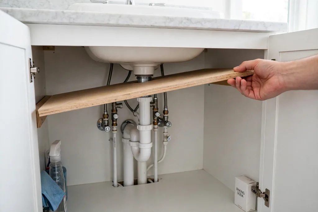 Lift-out shelf board above bathroom sink pipes ready to be removed.