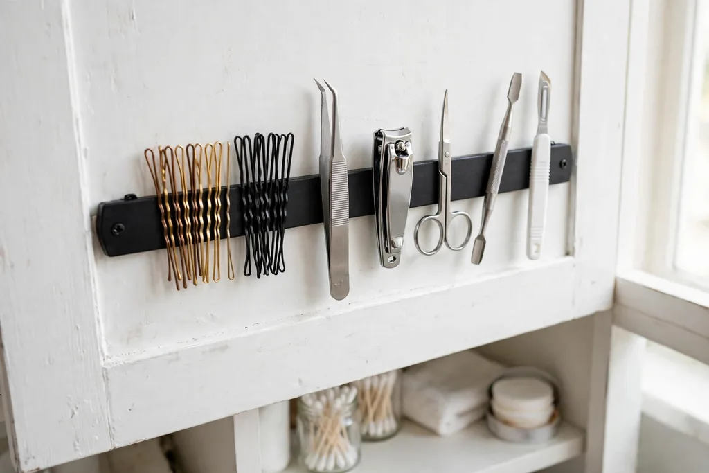 Magnetic strip on a bathroom cabinet door holding bobby pins and small tools.