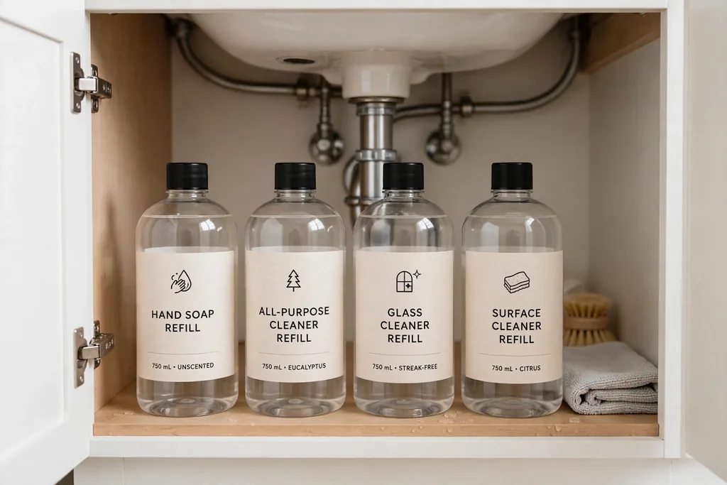 Matching labelled refill bottles lined up under a bathroom sink.
