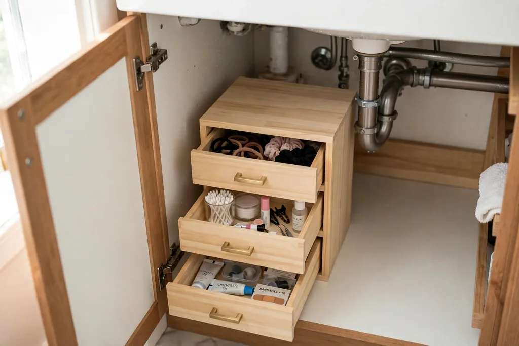 Small drawer unit inside a bathroom cabinet holding hair ties and small items.