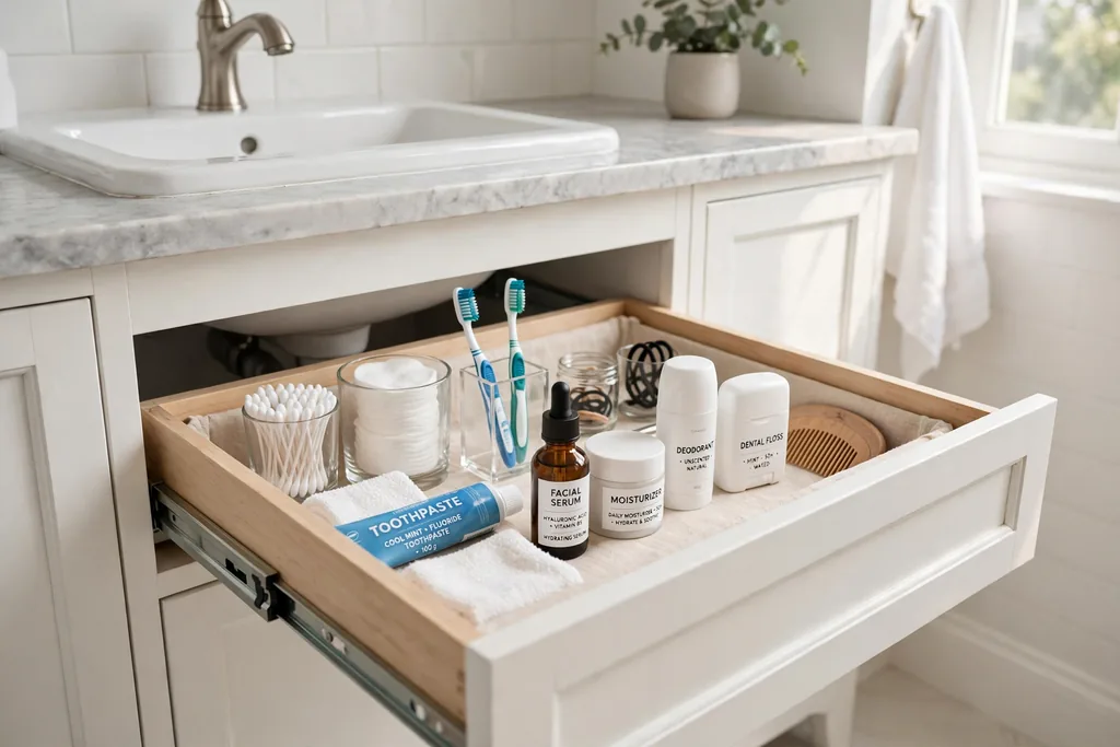 Pull-out drawer sliding from under a bathroom sink holding toiletries.